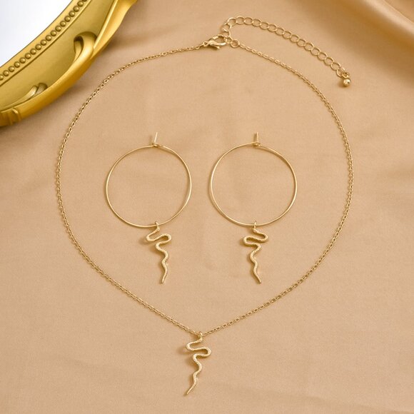 3/$35 Gold Plated Snake Jewelry Set Hoop Earrings Chain Pendant Necklace - Picture 7 of 8